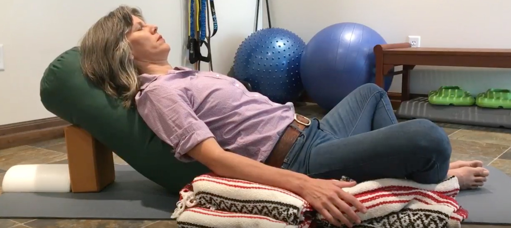 Reclined Cobbler Pose is a great constructive rest position to renew your energy.